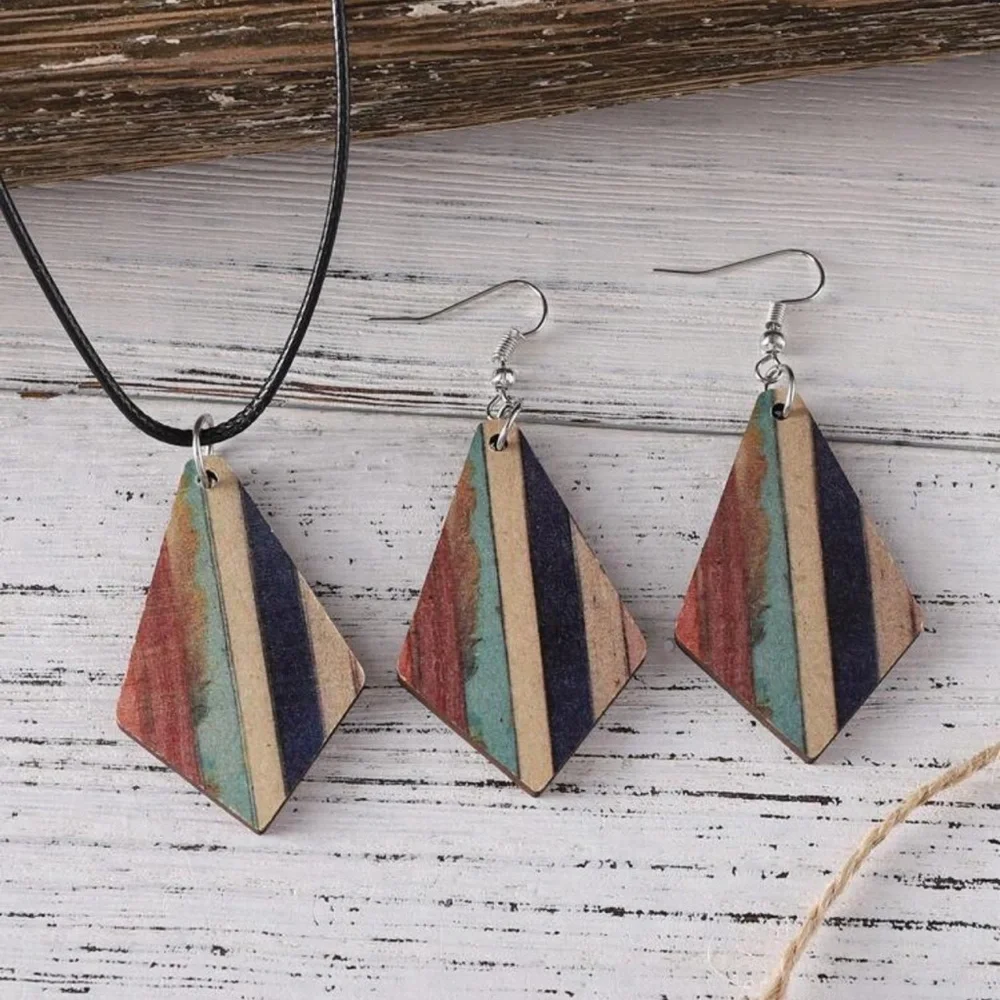 3pcs/set Vintage Bohemian Style Turquoise Stripe & Geometric Wood Double-sided - Picture 2 of 5